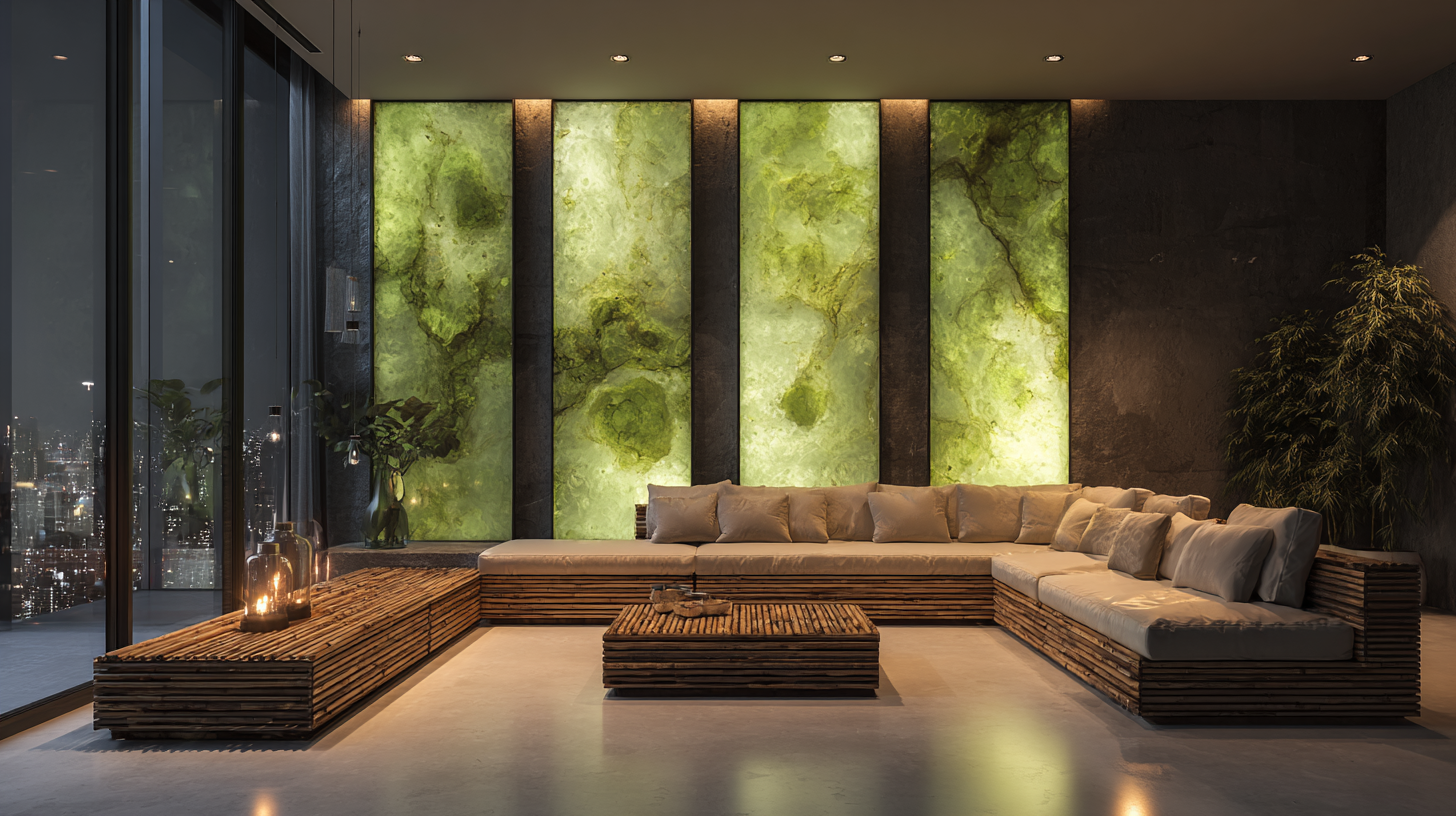 Salon z bioluminescencyjnymi panelami ściennymi z mycelium, subtelne zielonkawe światło